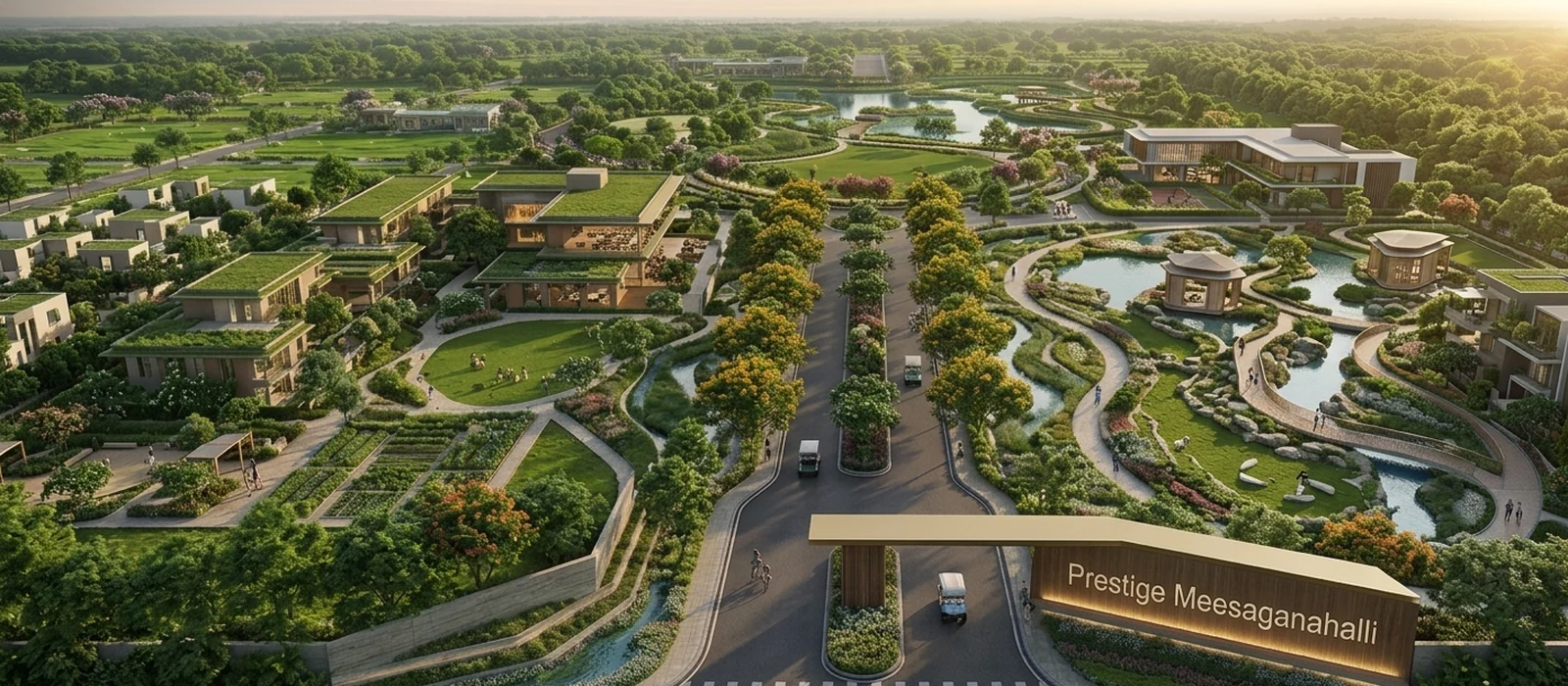 Aerial view of the Prestige Meesaganahalli entrance and landscaped boulevard, Devanahalli, North Bengaluru