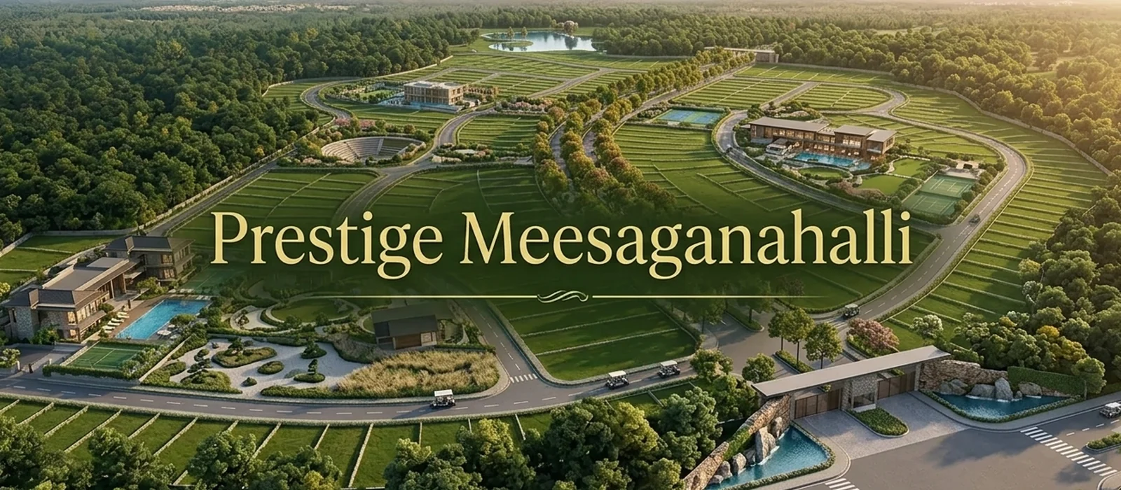 Prestige Meesaganahalli aerial plot layout Aerial view of the Prestige Meesaganahalli plotted layout with internal roads and green cover, Devanahalli