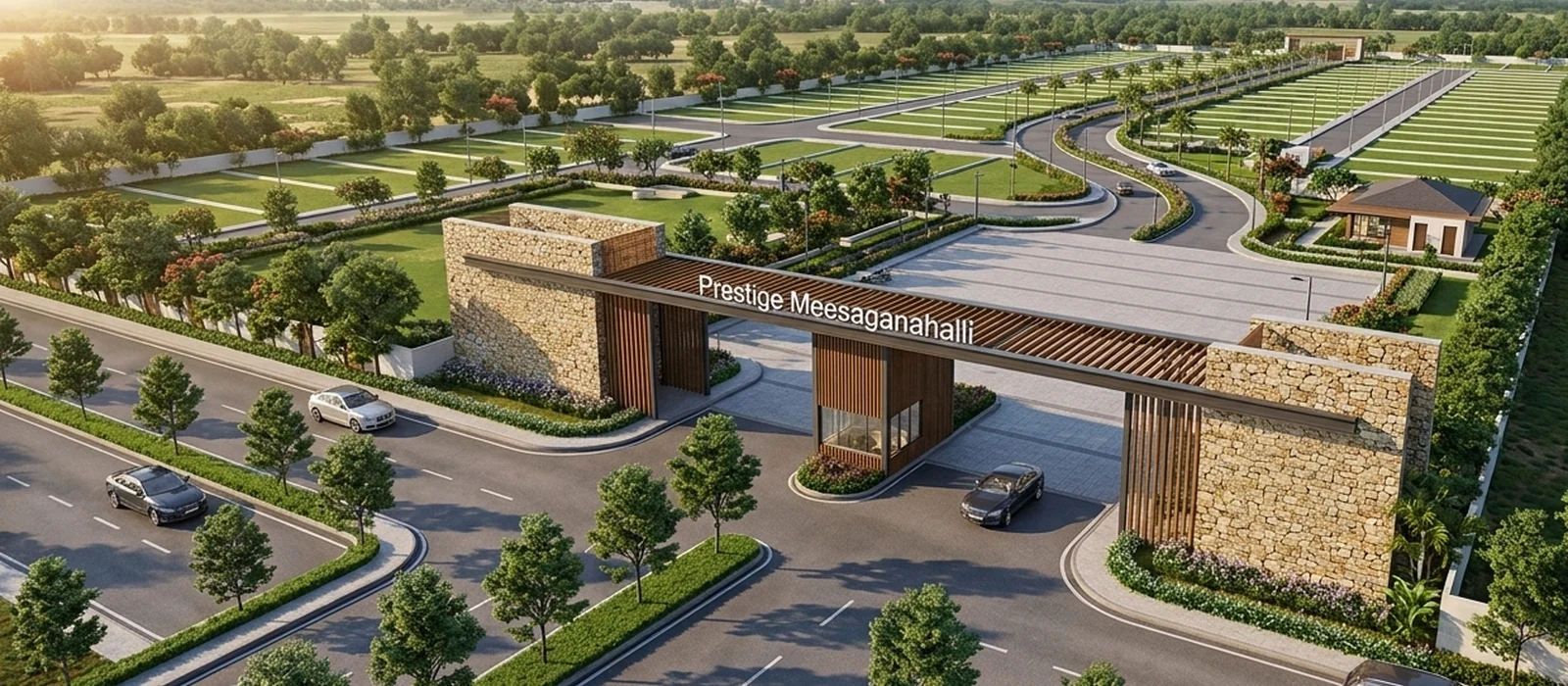 Landscaped arrival drive render at Prestige Meesaganahalli, Devanahalli, North Bengaluru
