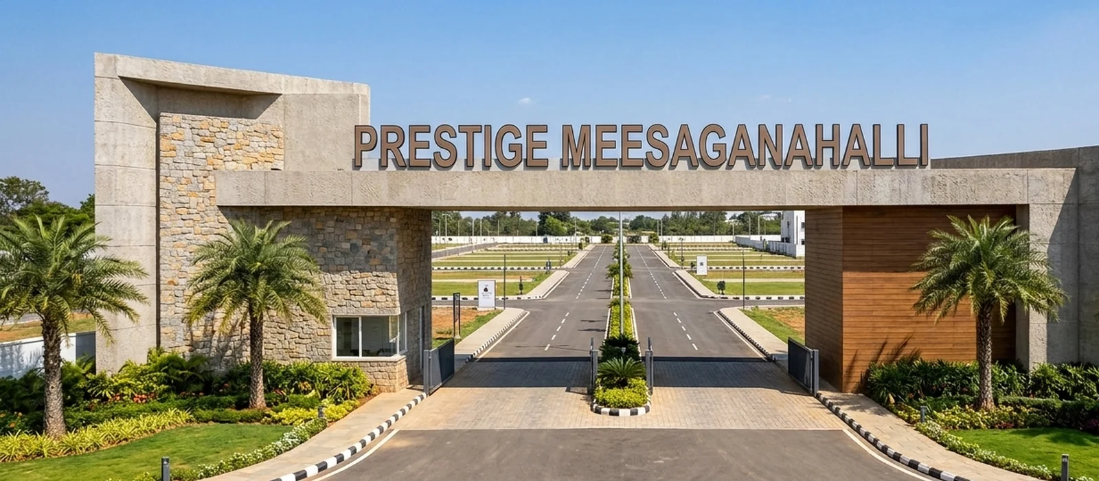 Prestige Meesaganahalli entrance gate and landscaped arrival driveway, Devanahalli, North Bengaluru